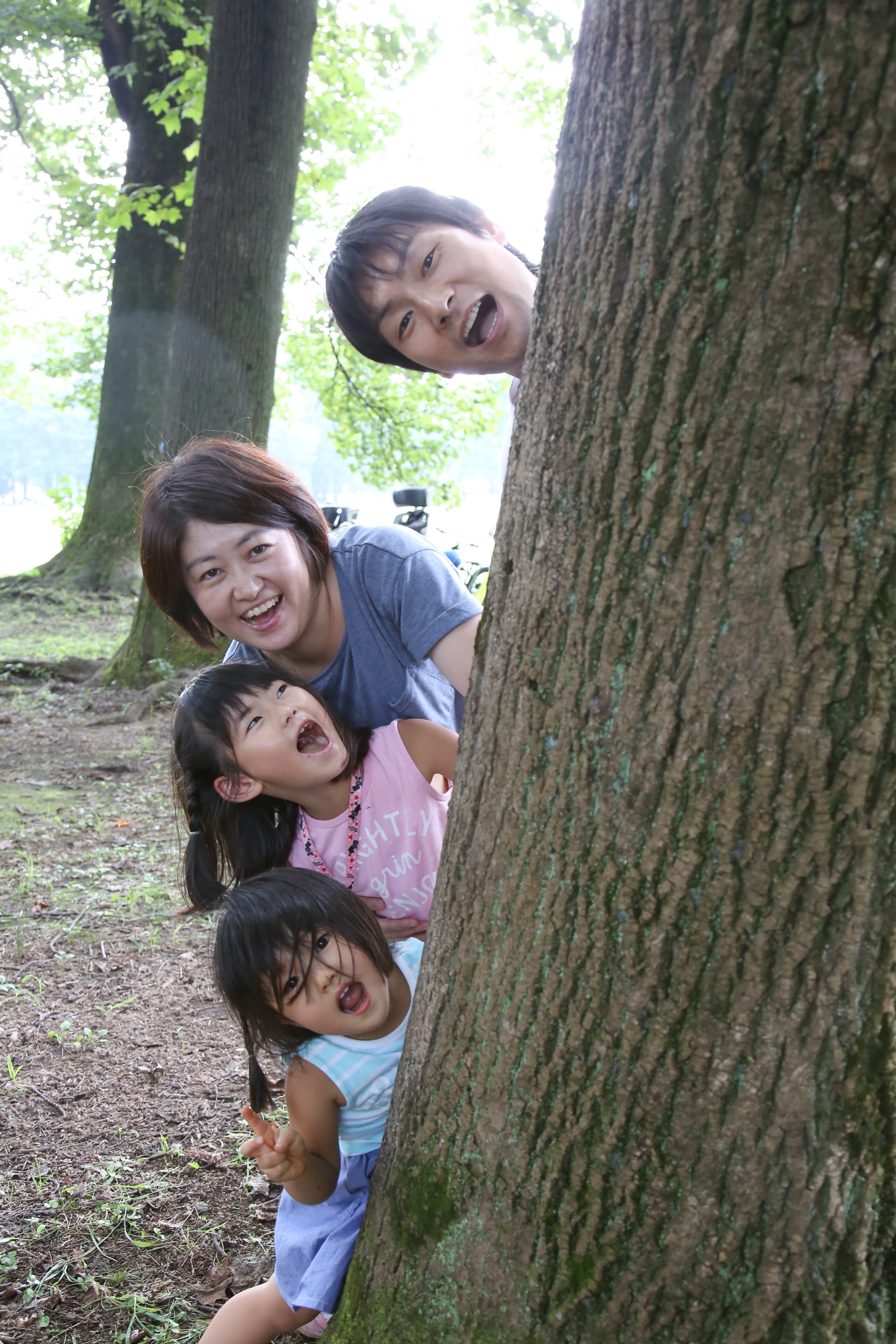 木に隠れて遊ぶ家族